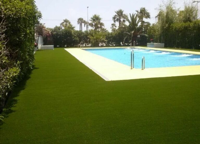 Imagen cesped piscina con escalera